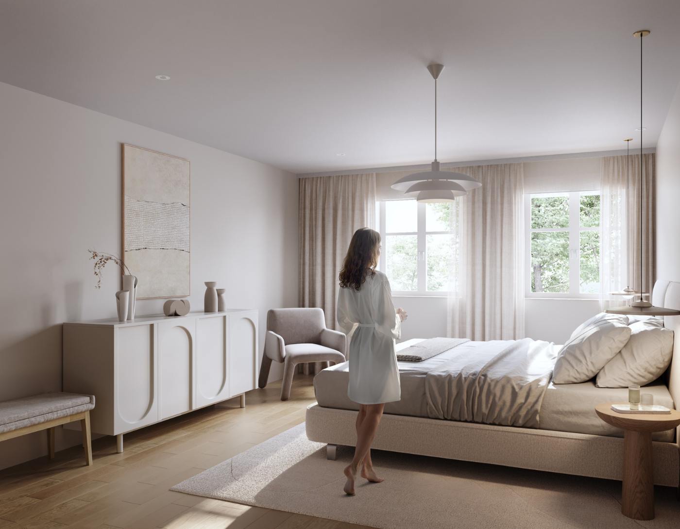 Helles Schlafzimmer einer sanierten Wohneinheit