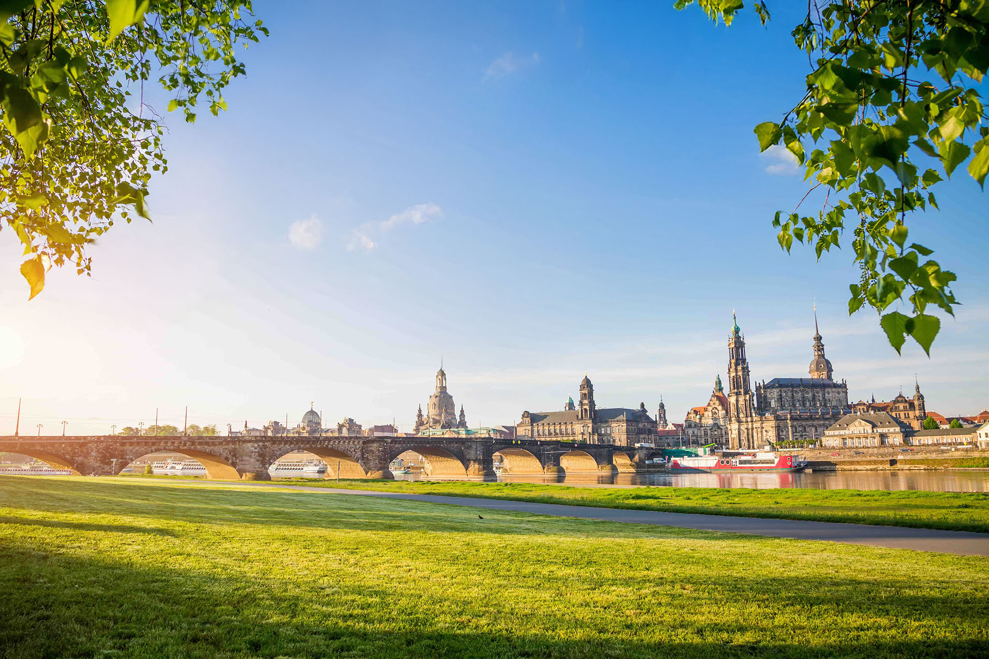Elbufer in Dresden mit historischer Silhouette