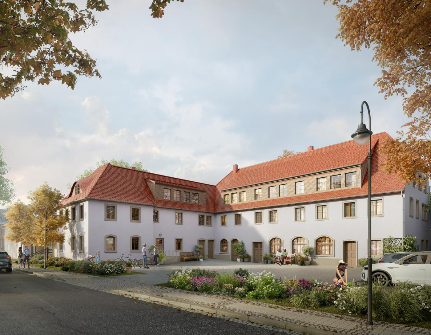 Visualisierung der sanierten Denkmalimmobilie mit Innenhof in Dresden