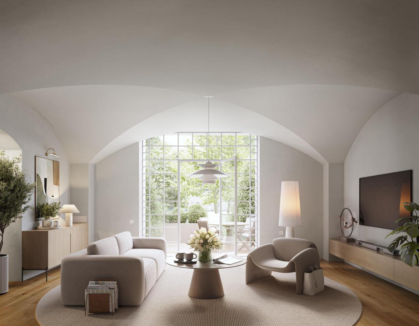 Wohnzimmer mit historischem Gewölbe und bodentiefer Fensterfront